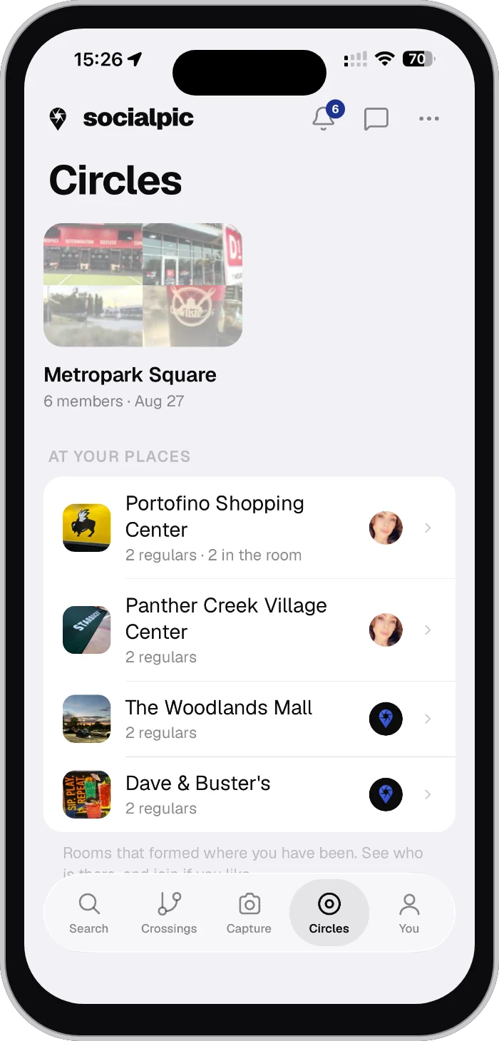 socialpic on iPhone, showing Circles: the regulars at Portofino Shopping Center, Panther Creek Village Center, The Woodlands Mall and Dave and Buster's