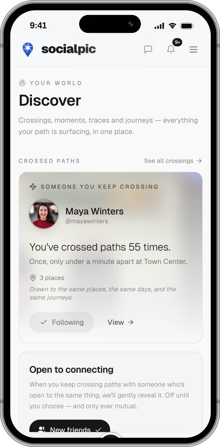 socialpic on iPhone, showing Discover — someone you keep crossing paths with